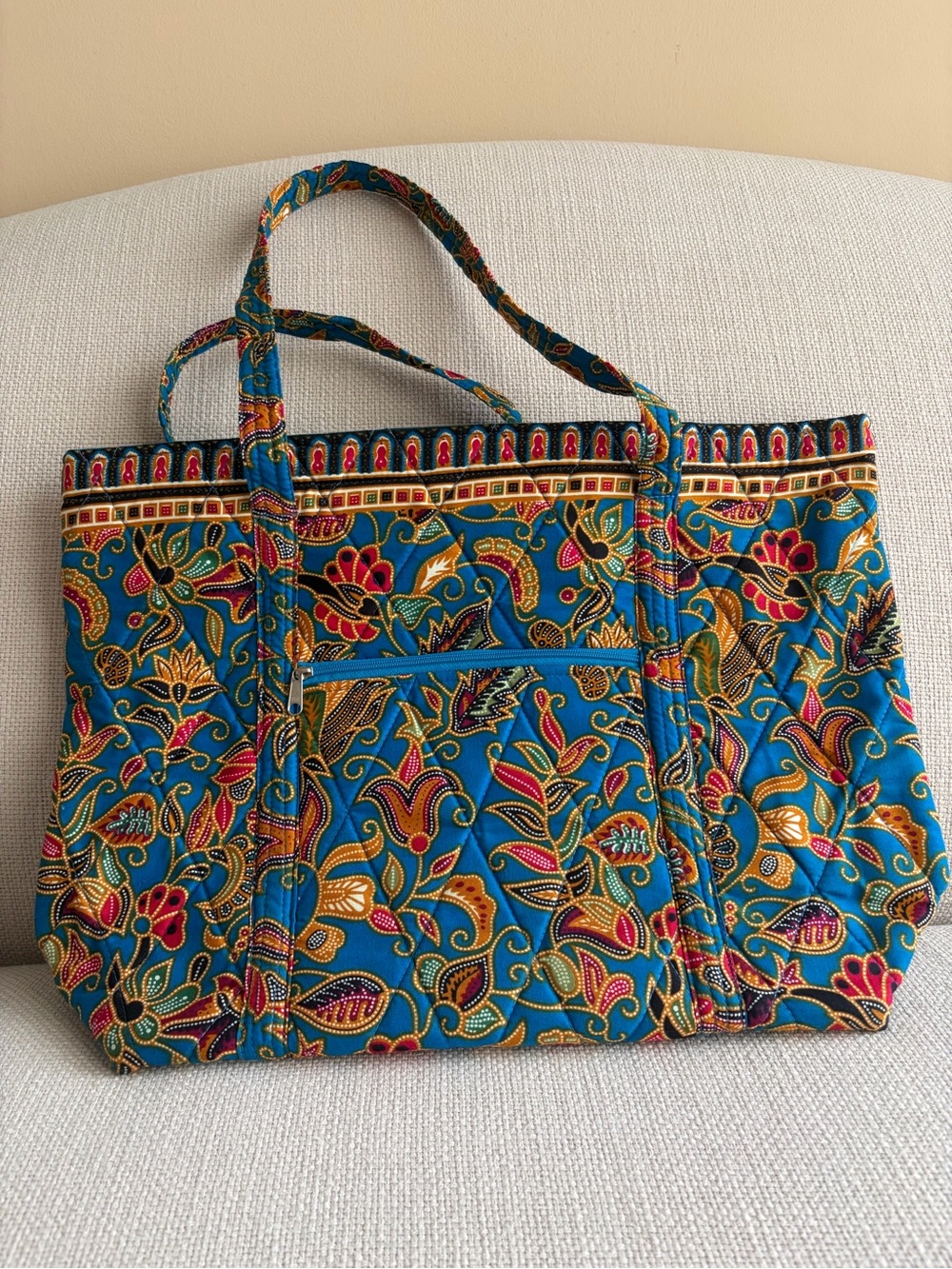 Quilted Floral Tote Bag in Teal and Gold-Accented Print